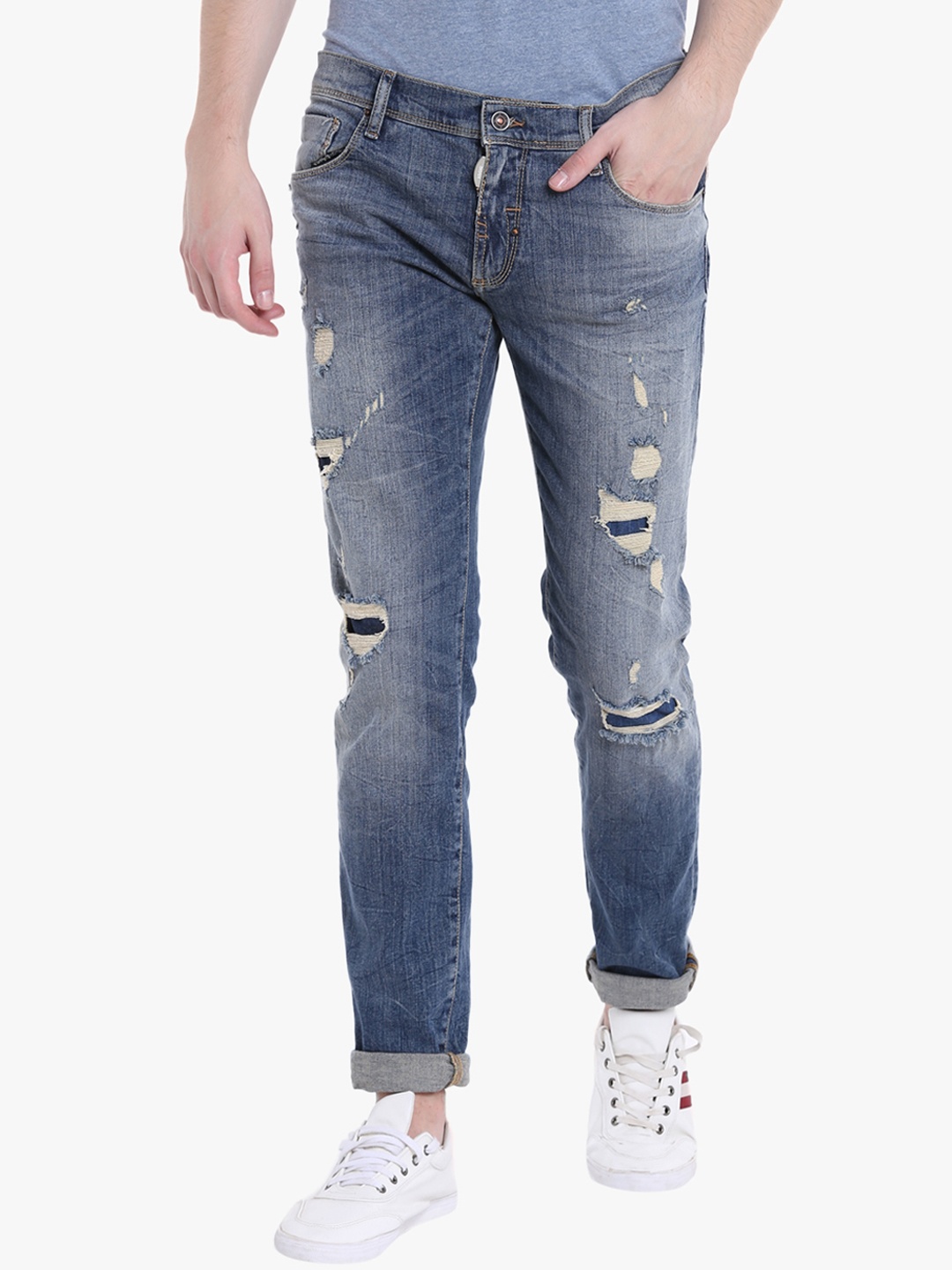 

Antony Morato Men Blue Slim Fit Mid-Rise Low Distress Jeans