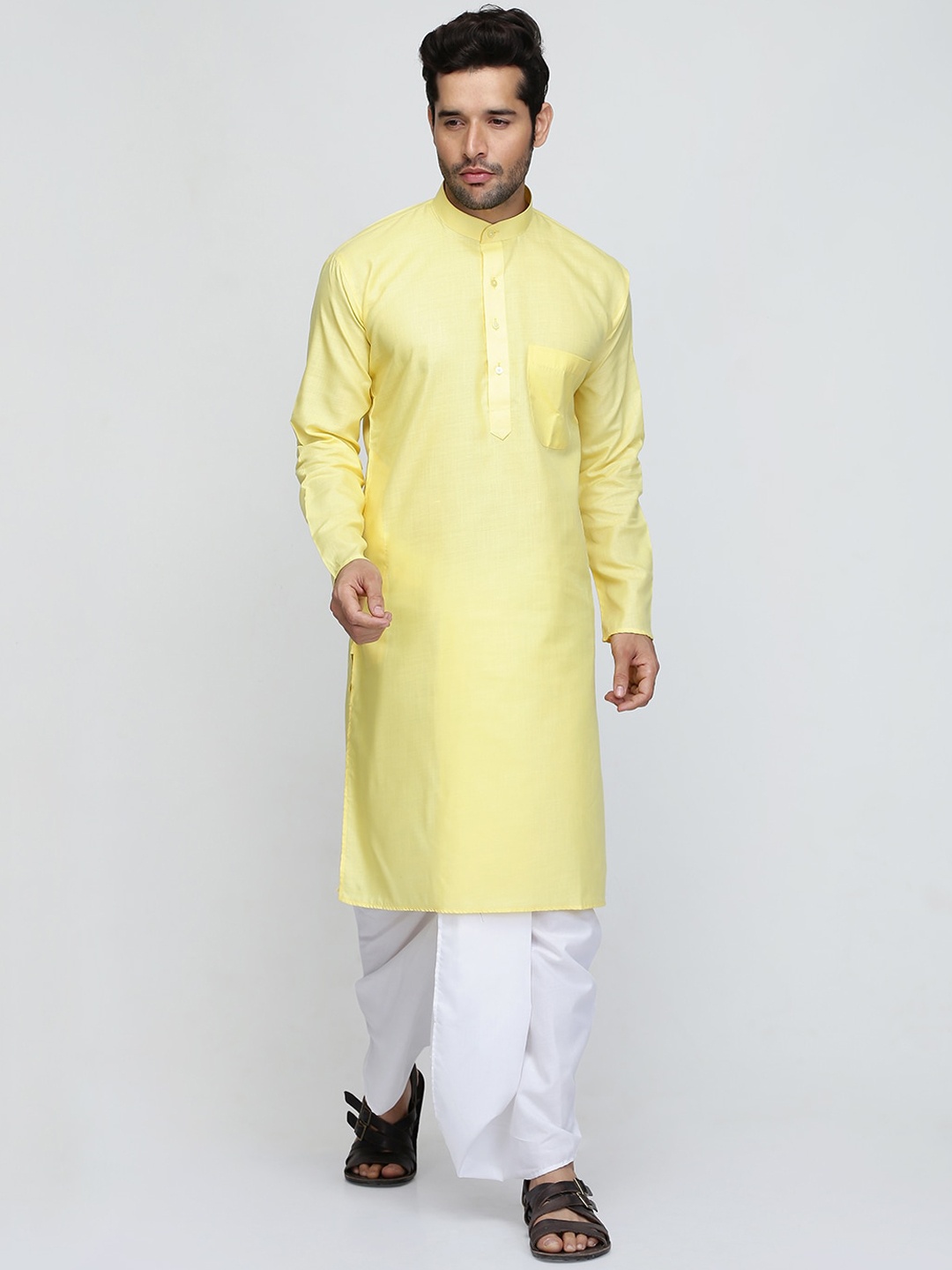 

ROYAL KURTA Mandarin Collar Pure Cotton Straight Kurta, Yellow