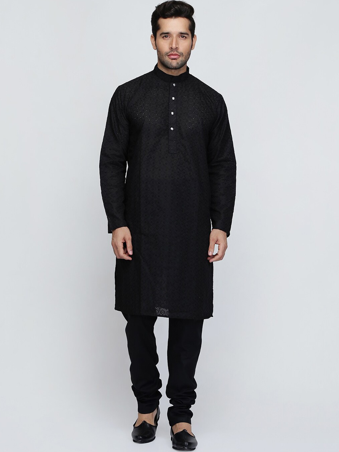 

ROYAL KURTA Mandarin Collar Chikankari Pure Cotton Kurta With Pyjamas, Black
