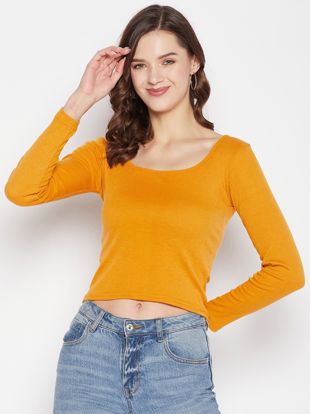 

Clora Creation Scoop Neck Long Sleeves Fitted Top, Mustard