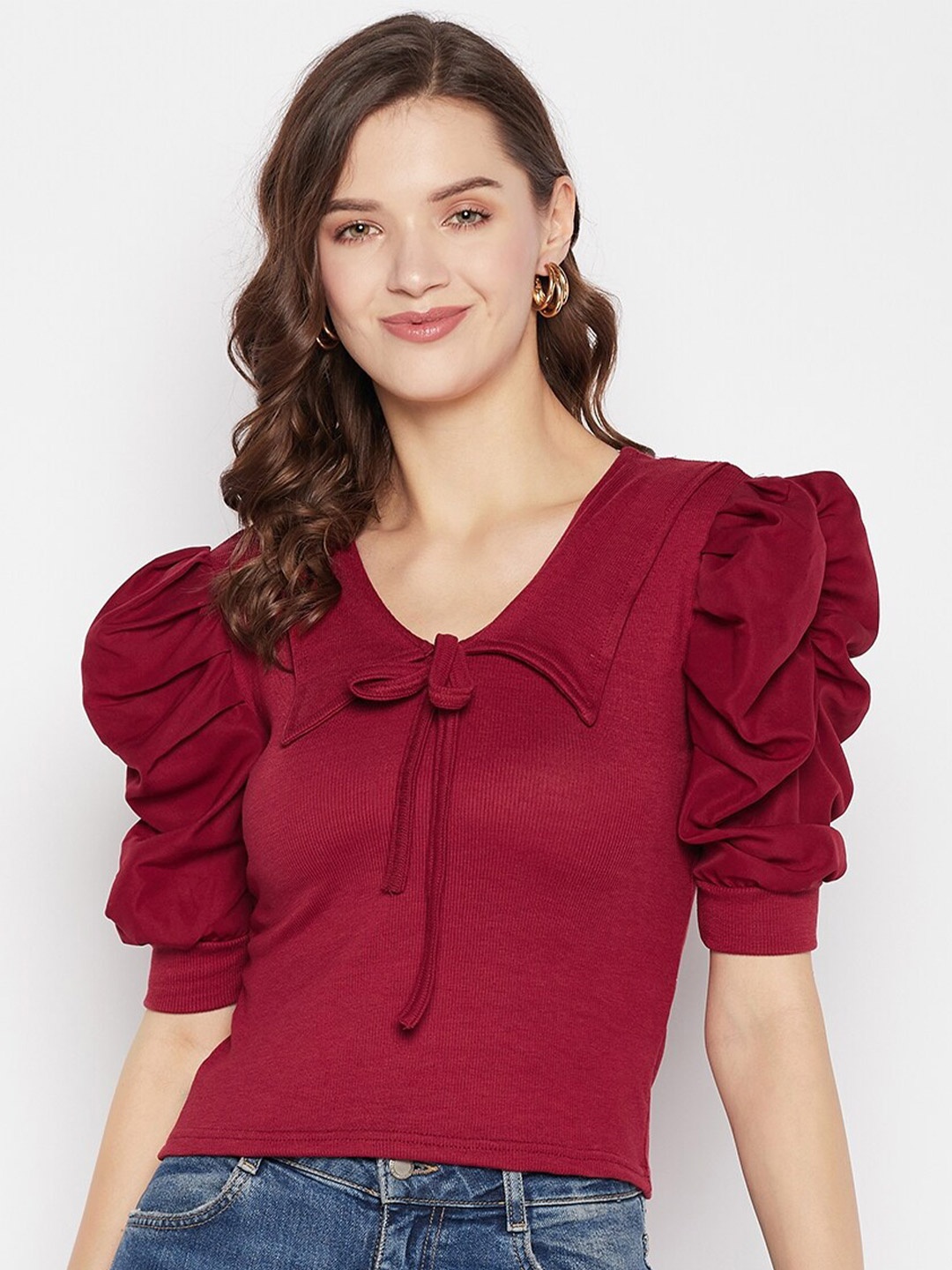 

Clora Creation V-Neck Ruched Puff Sleeve Regular Top, Maroon