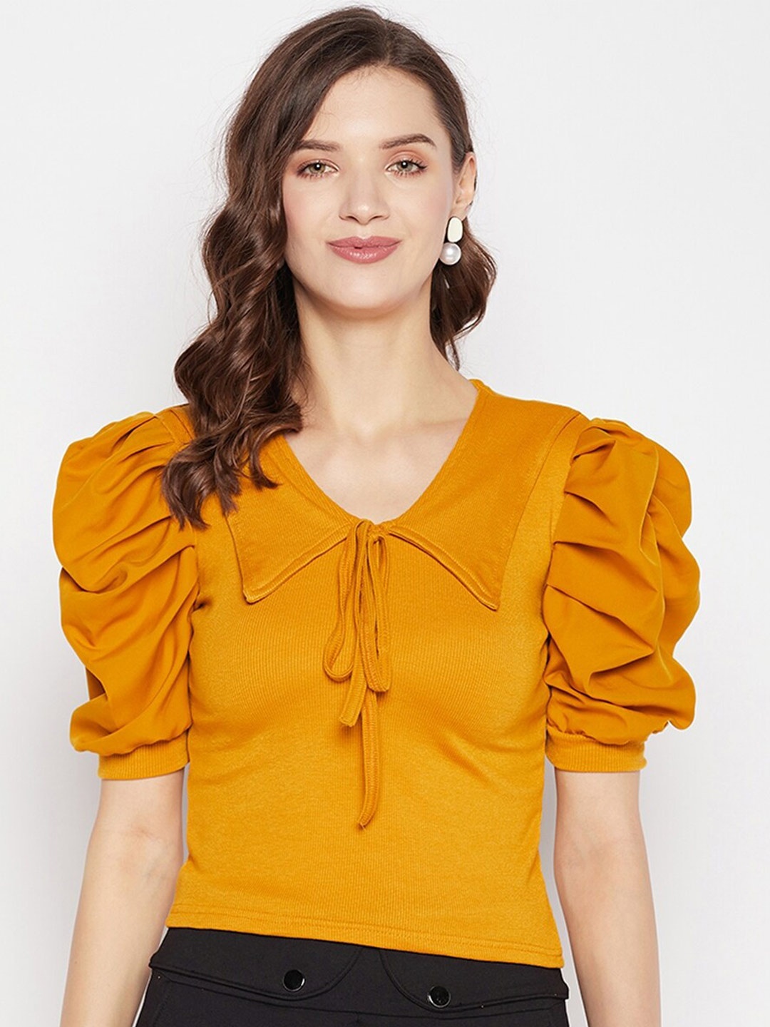 

Clora Creation Peter Pan Collar Puff Sleeves Crop Fitted Top, Mustard