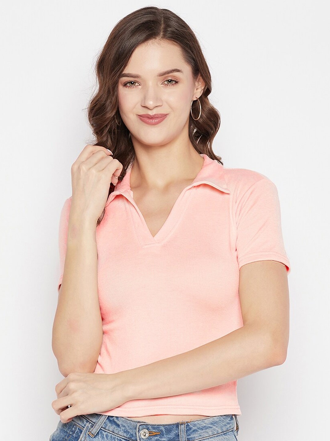 

Clora Creation Polo Collar Crop T-Shirt, Peach