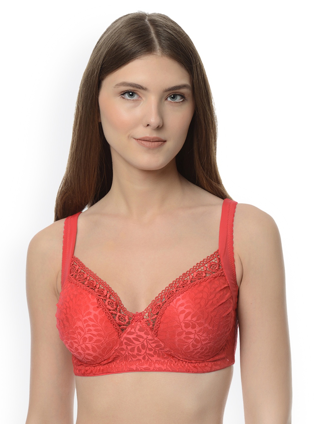 

Da Intimo Coral Red Lace Lightly Padded Non-Wired Minimizer Bra DI-843