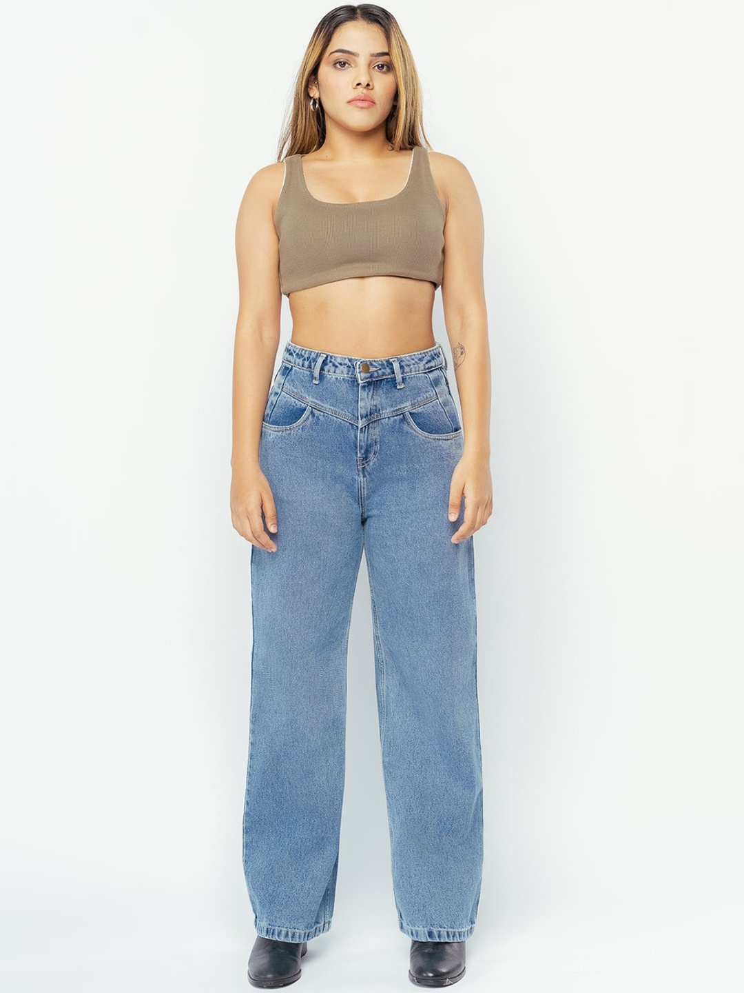 

FREAKINS Women Straight Fit High-Rise Pure Cotton Jeans, Blue