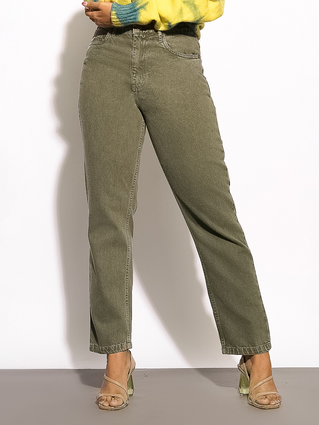 

FREAKINS Women High-Rise Pure Cotton Mom Jeans, Olive