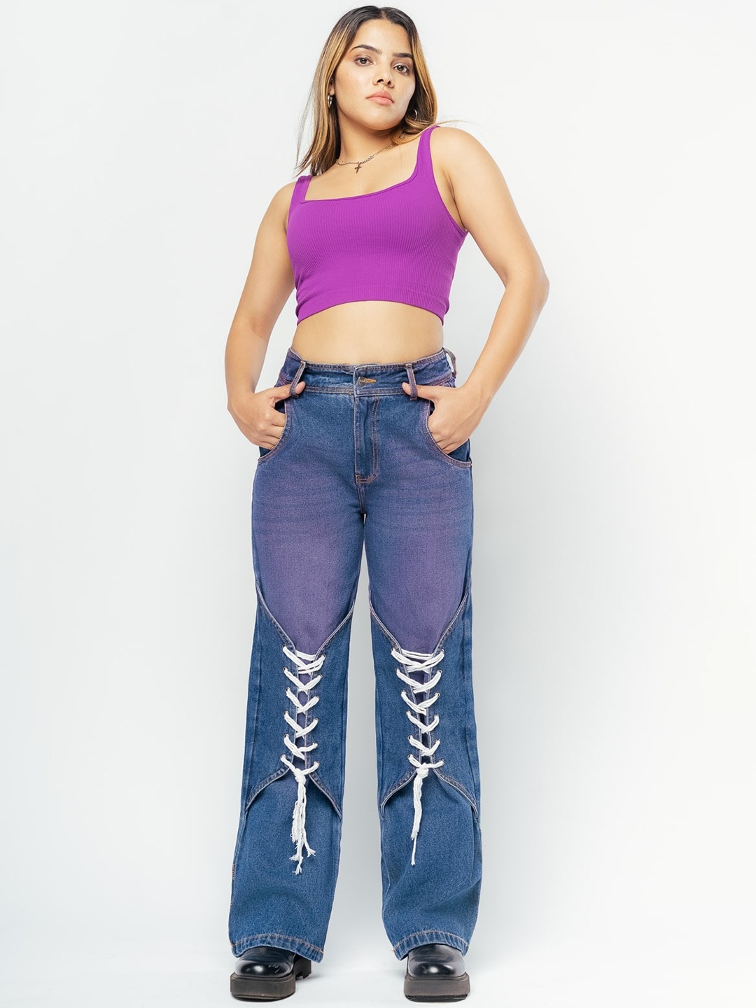 

FREAKINS Women Blue Wide Leg High-Rise Heavy Fade Pure Cotton Jeans