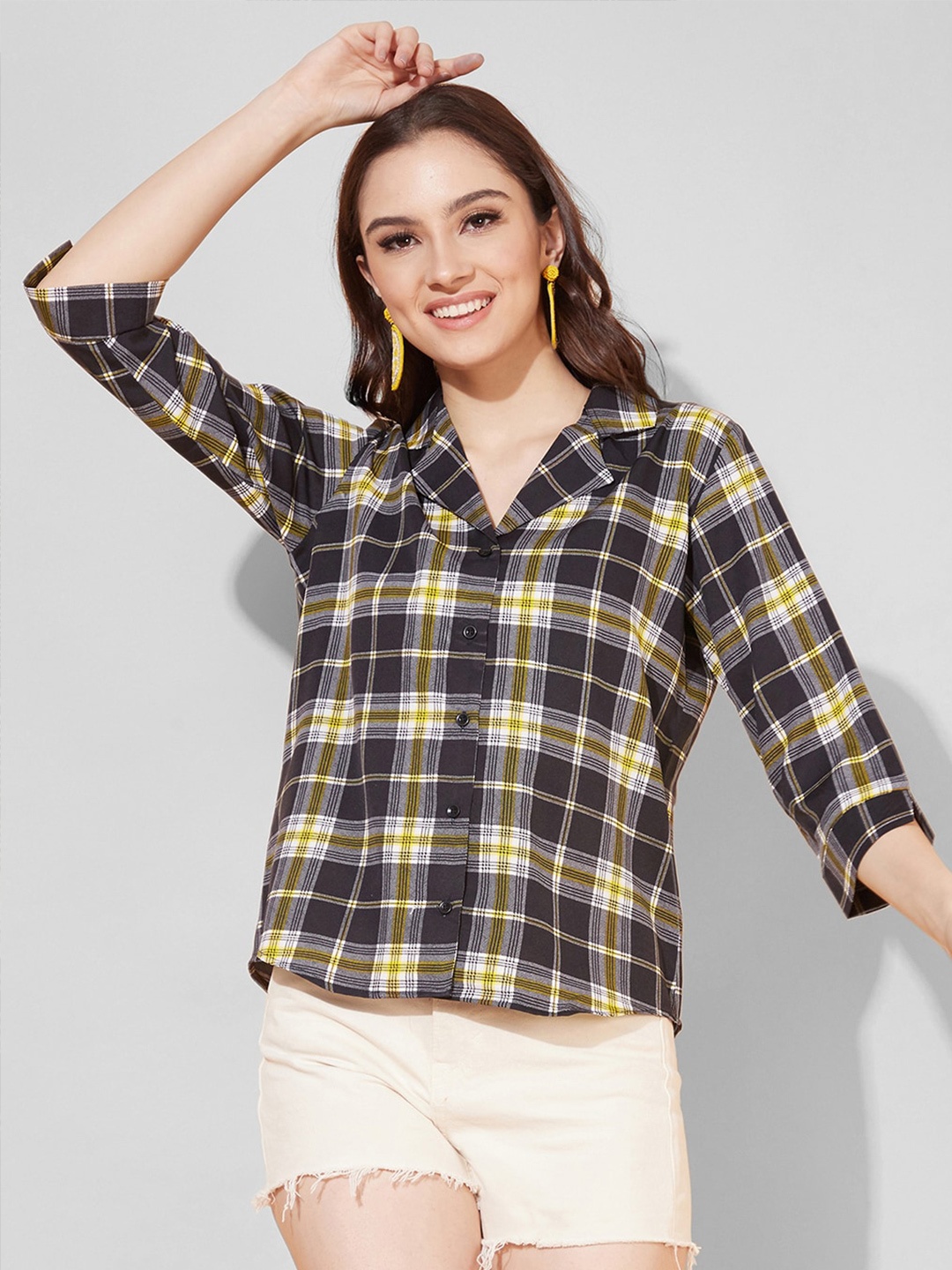 

Selvia Tartan Checked Notched Lapel Collar Casual Shirt, Black