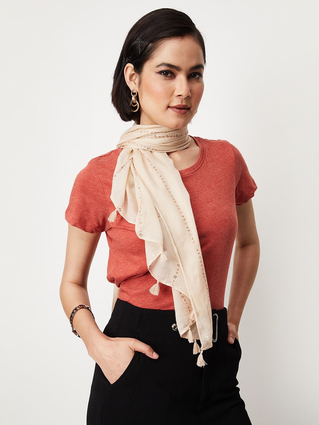 

max Striped Scarf With Tasselled Border, Beige