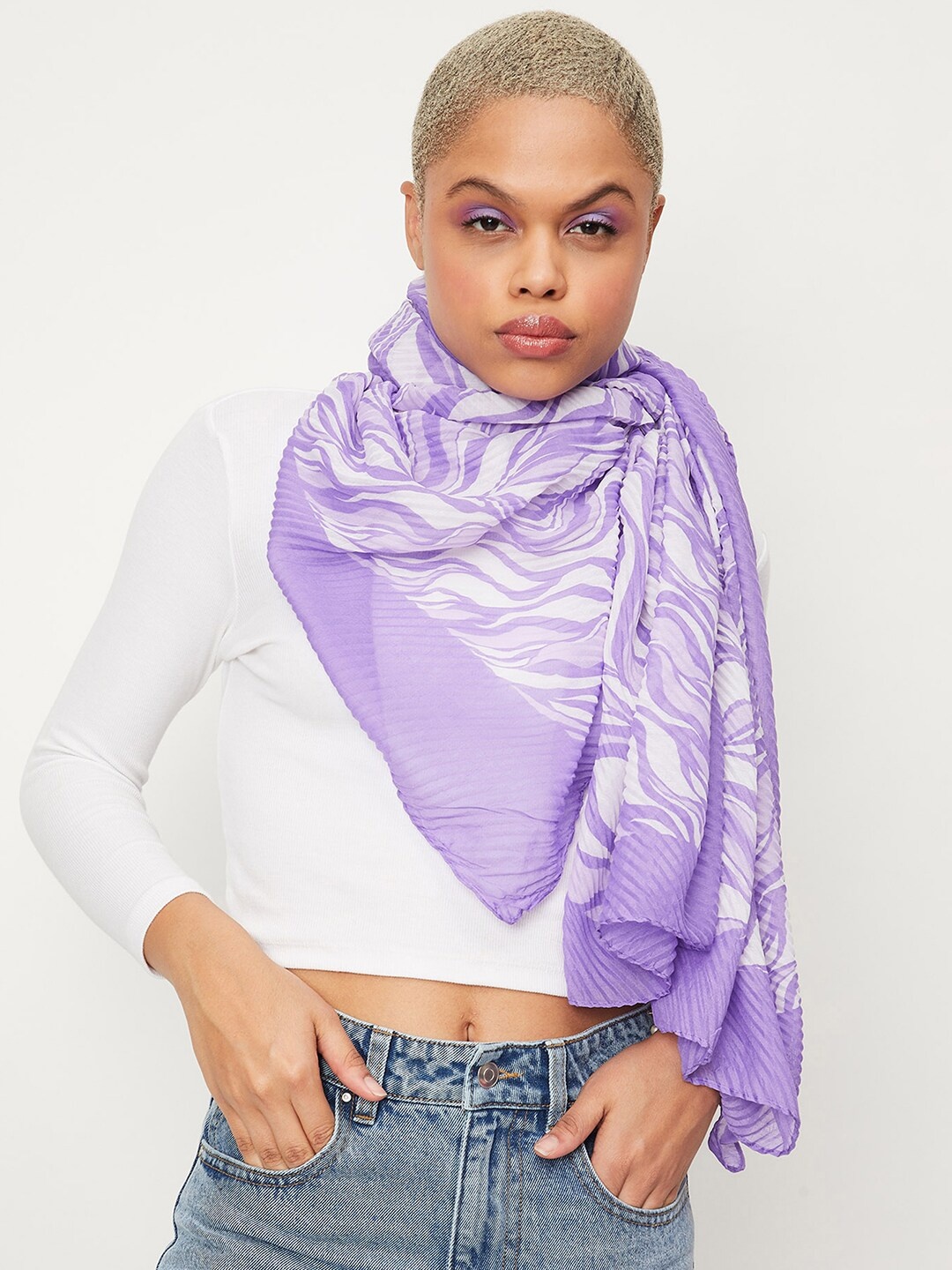 

max Abstract Printed Scarf With Printed Border, Purple