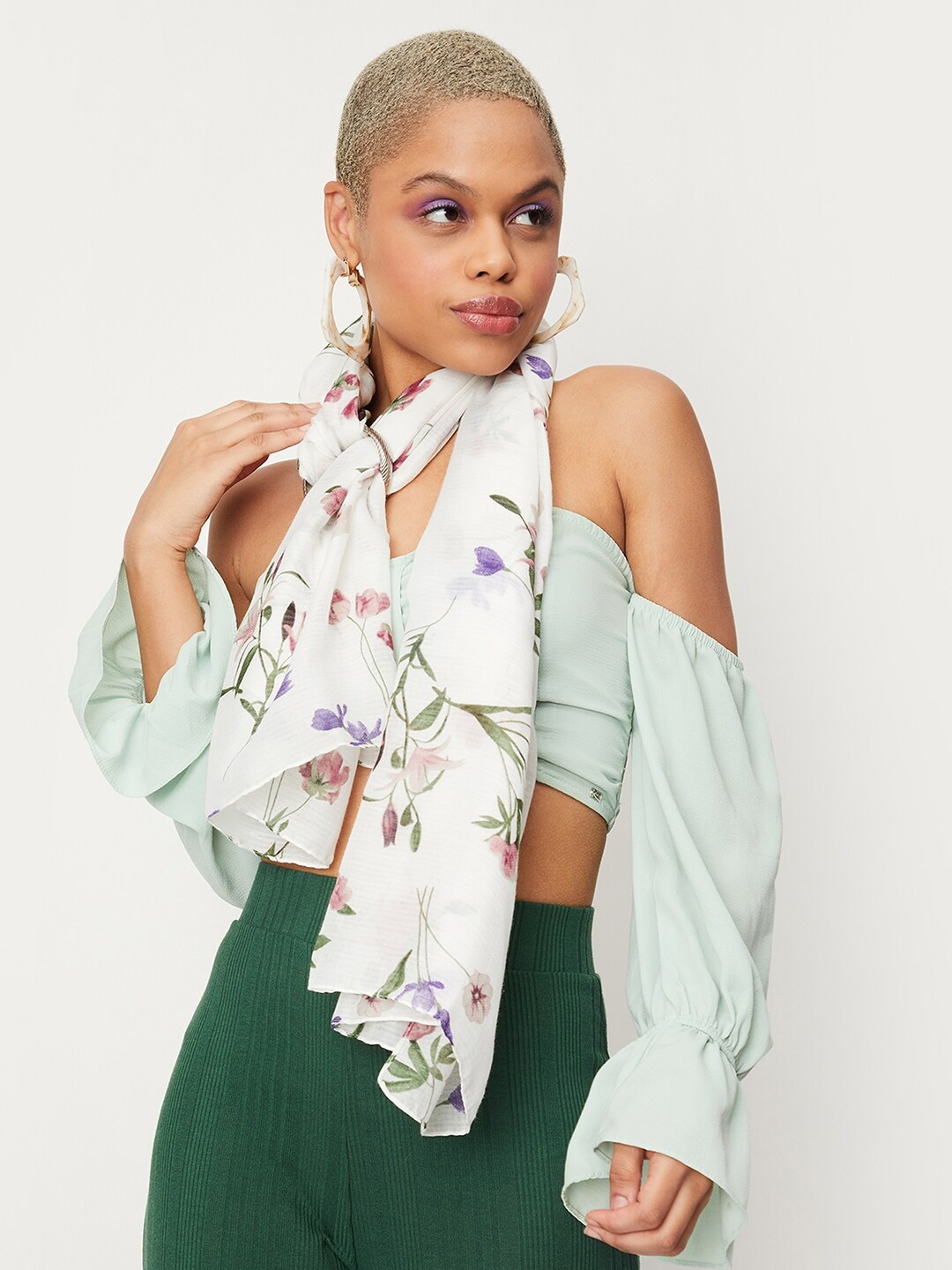 

max Floral Printed Scarf With Printed Border, White