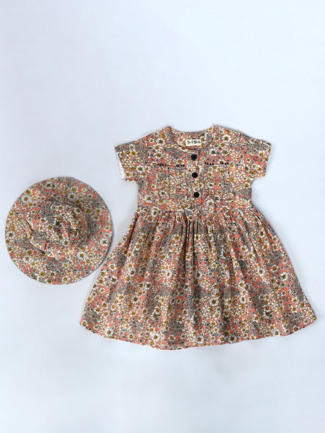 

Bella Moda Girls Floral Printed Pure Cotton Fit & Flare Dress With Cap, Peach