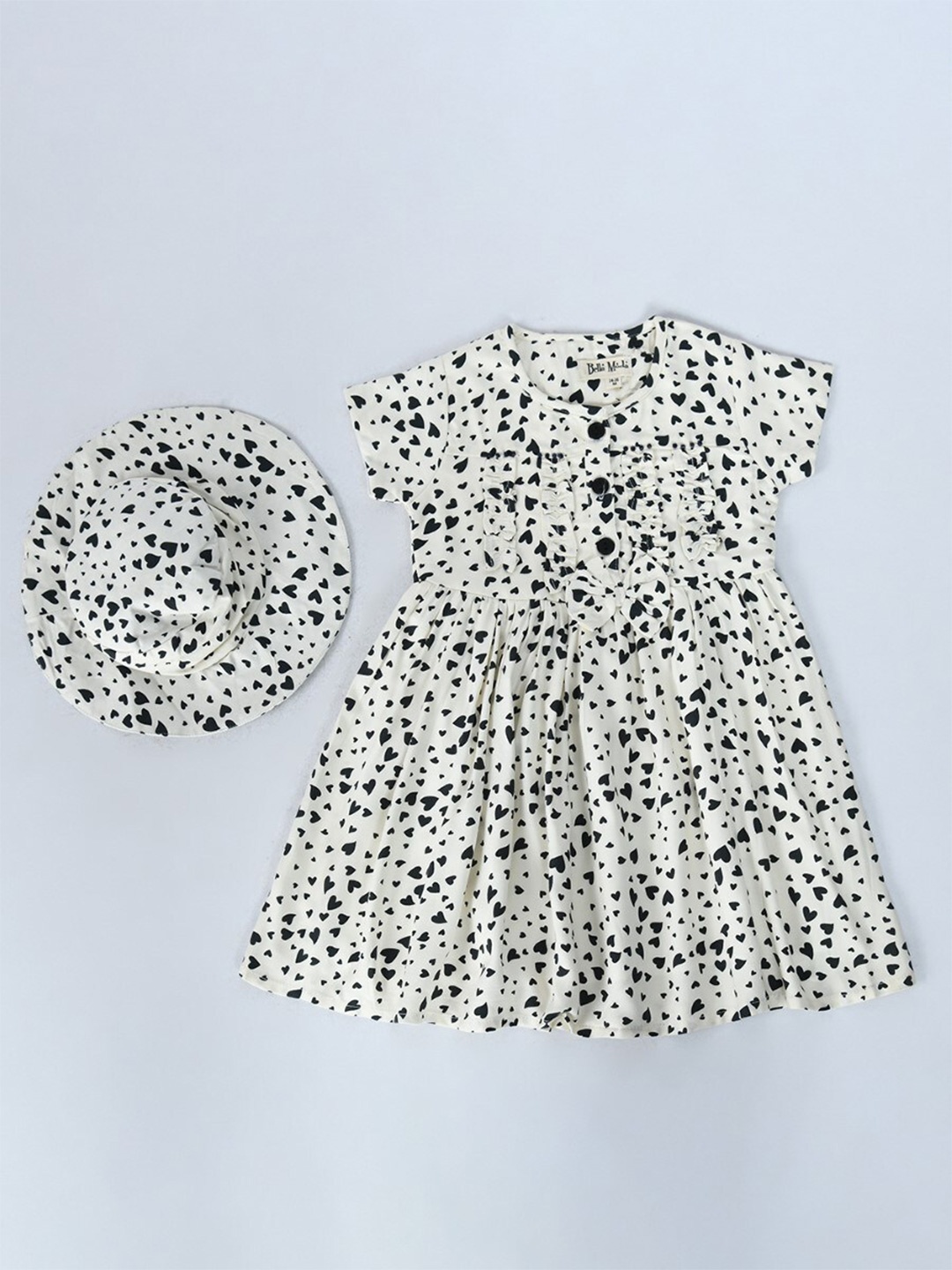 

Bella Moda Girls Conversational Printed Pure Cotton Fit & Flare Dress With Matching Hat, White