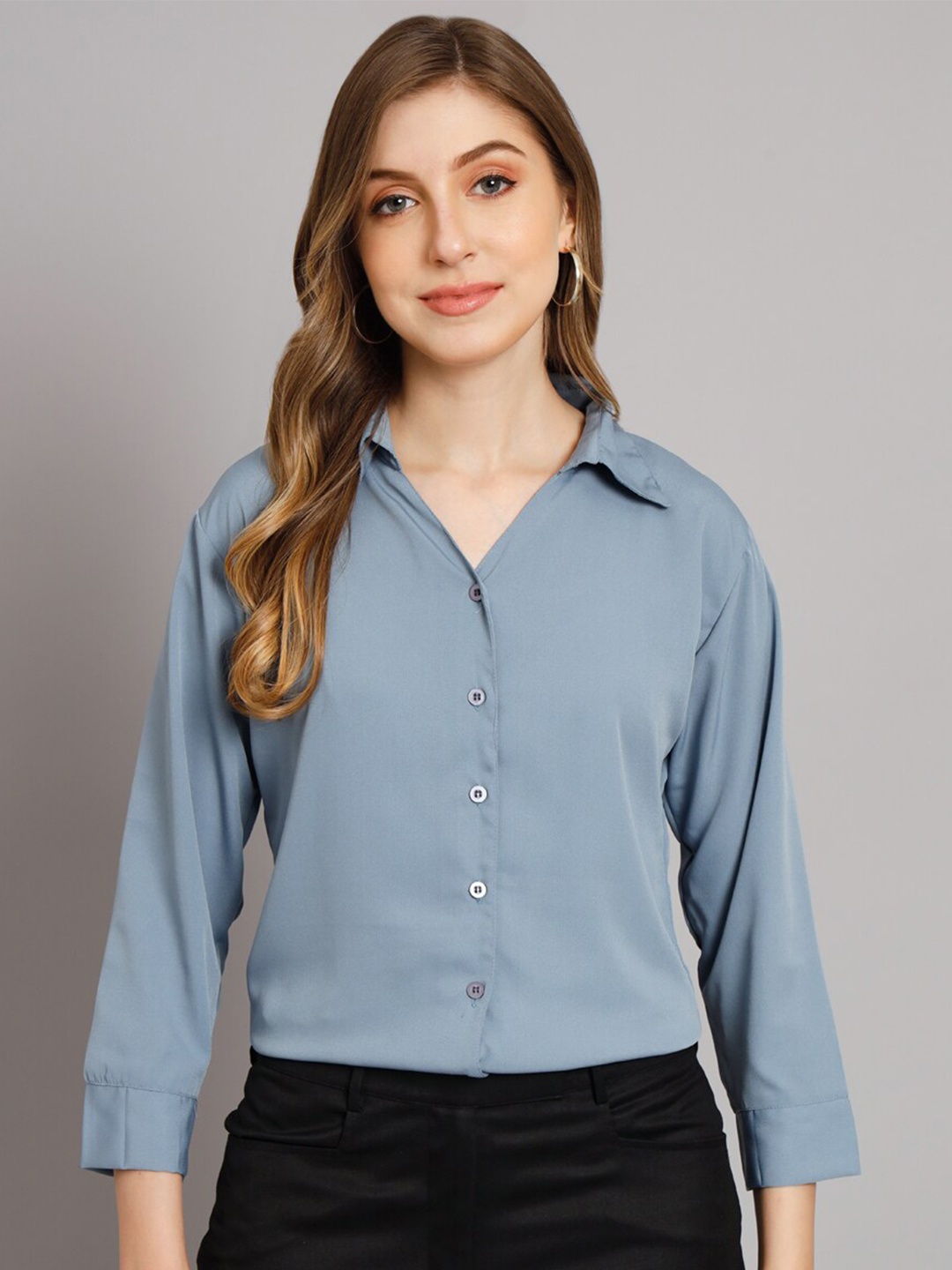 

Funday Fashion Spread Three-Quarter Sleeves Collar Opaque Casual Shirt, Grey