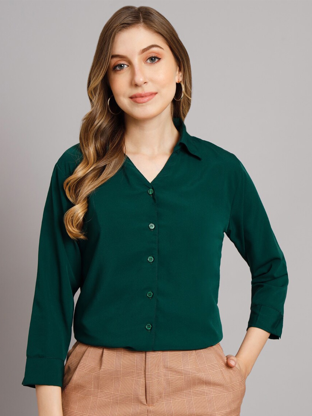 

Funday Fashion Spread Collar Three-Quarter Sleeves Casual Shirt, Green