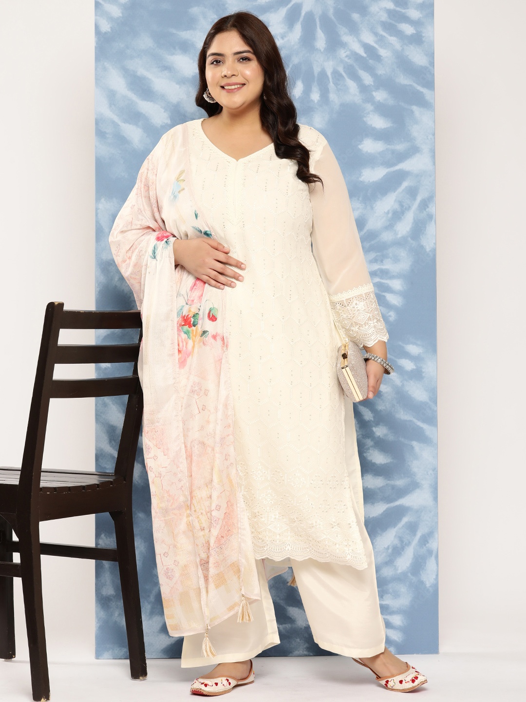 

EXTRA LOVE BY LIBAS Plus Size Floral Embroidered Thread Work Kurta with Trousers & Dupatta, Off white