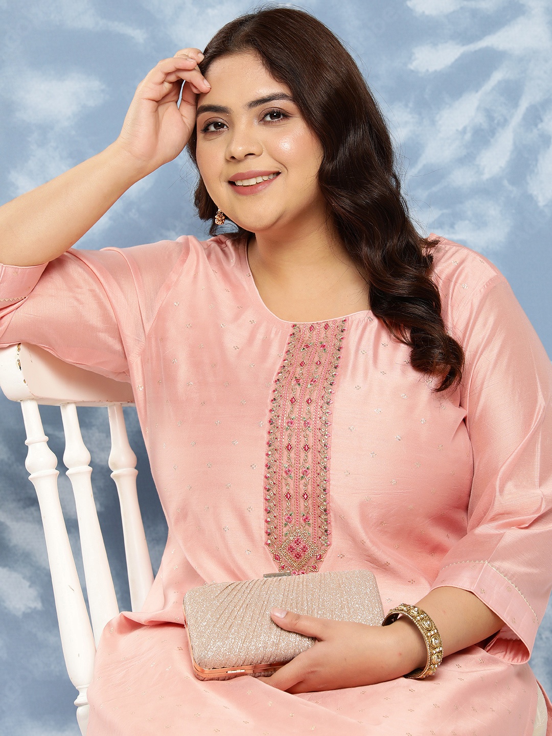 

EXTRA LOVE BY LIBAS Plus Size Floral Yoke Design Chanderi Silk Kurta, Peach