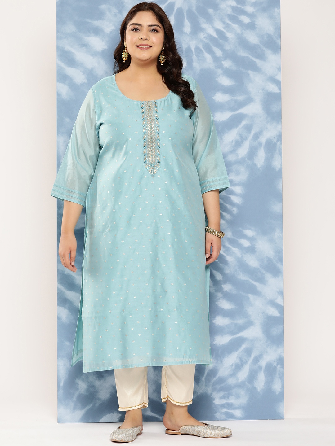 

EXTRA LOVE BY LIBAS Plus Size Floral Yoke Design Chanderi Silk Kurta, Turquoise blue