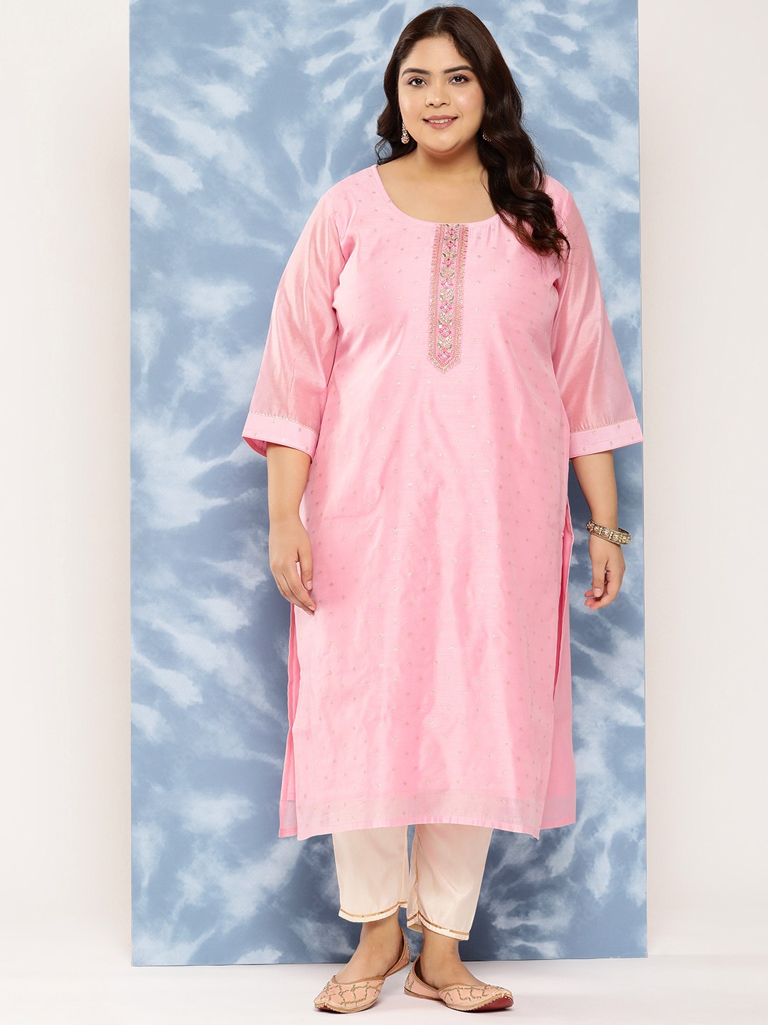

EXTRA LOVE BY LIBAS Plus Size Floral Yoke Design Chanderi Silk Kurta, Pink