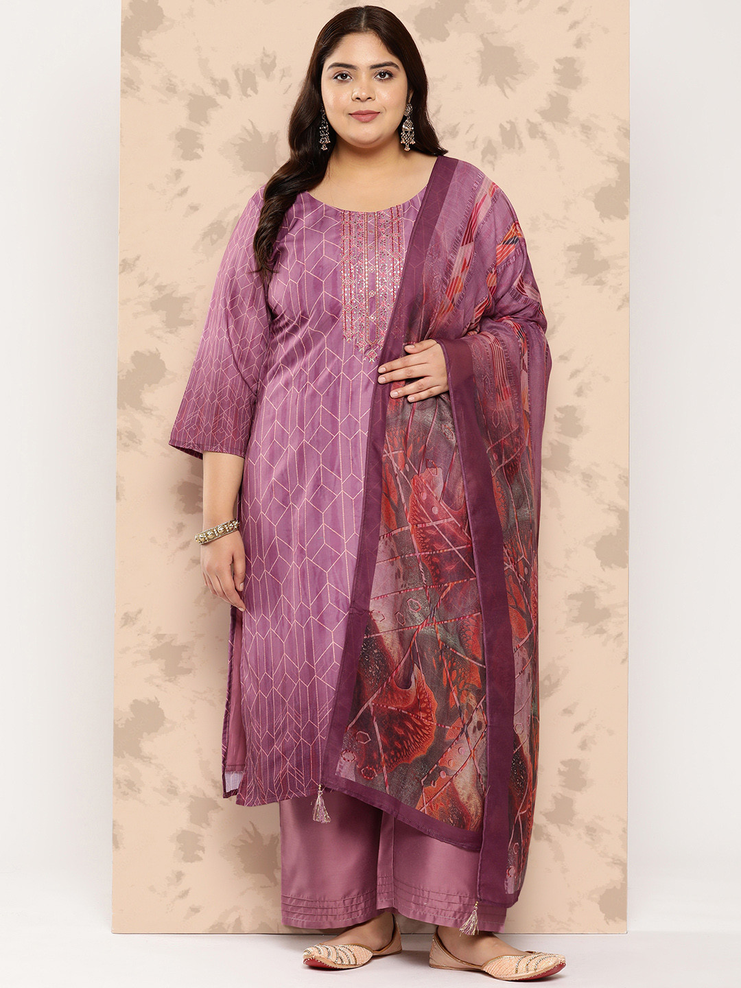 

EXTRA LOVE BY LIBAS Plus Size Floral Embroidered Thread Work Kurta with Trousers & Dupatta, Purple