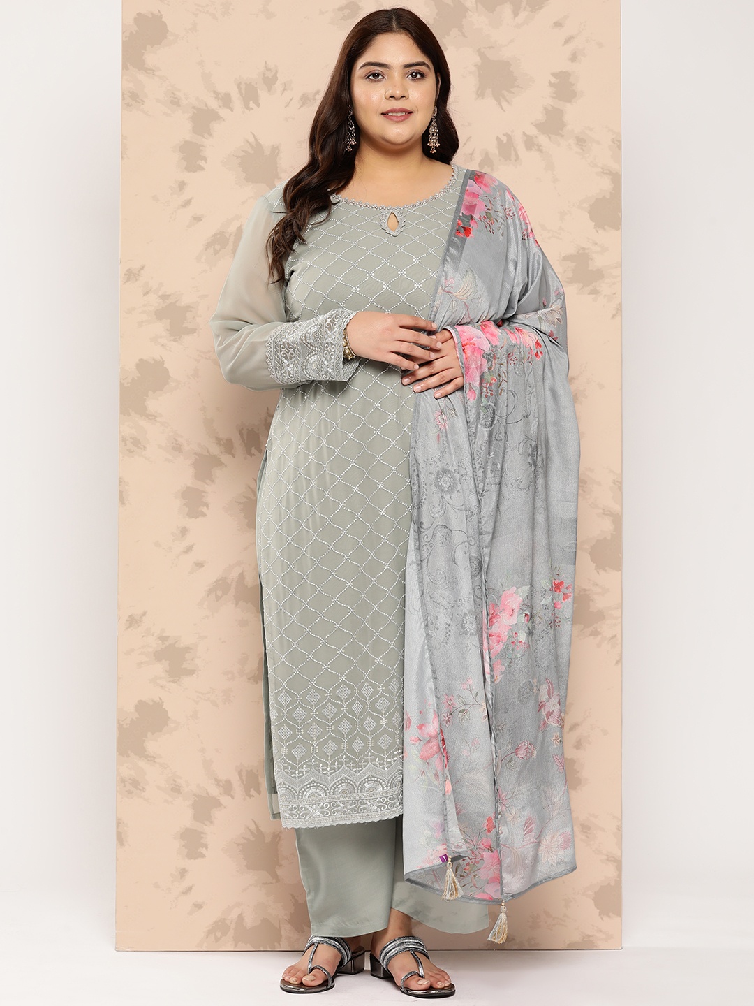 

EXTRA LOVE BY LIBAS Plus Size Embroidered Thread Work Kurta With Trousers & Dupatta, Grey