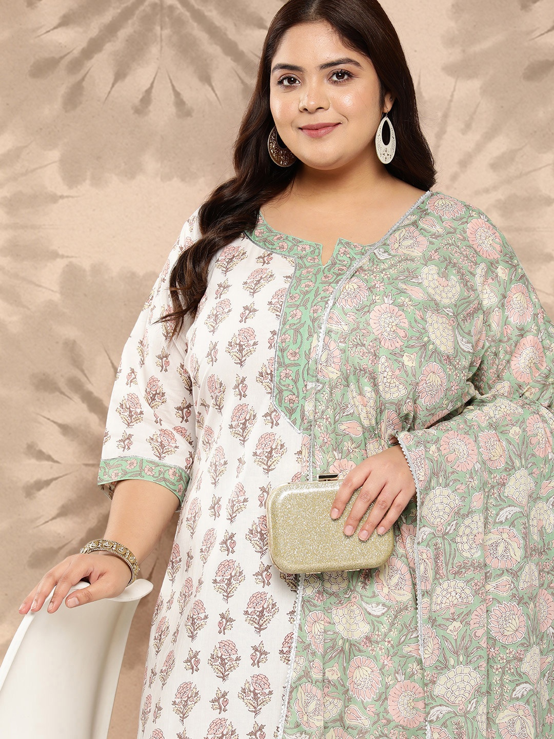 

EXTRA LOVE BY LIBAS Plus Size Printed Gotta Patti Cotton Kurta with Salwar & Dupatta, White