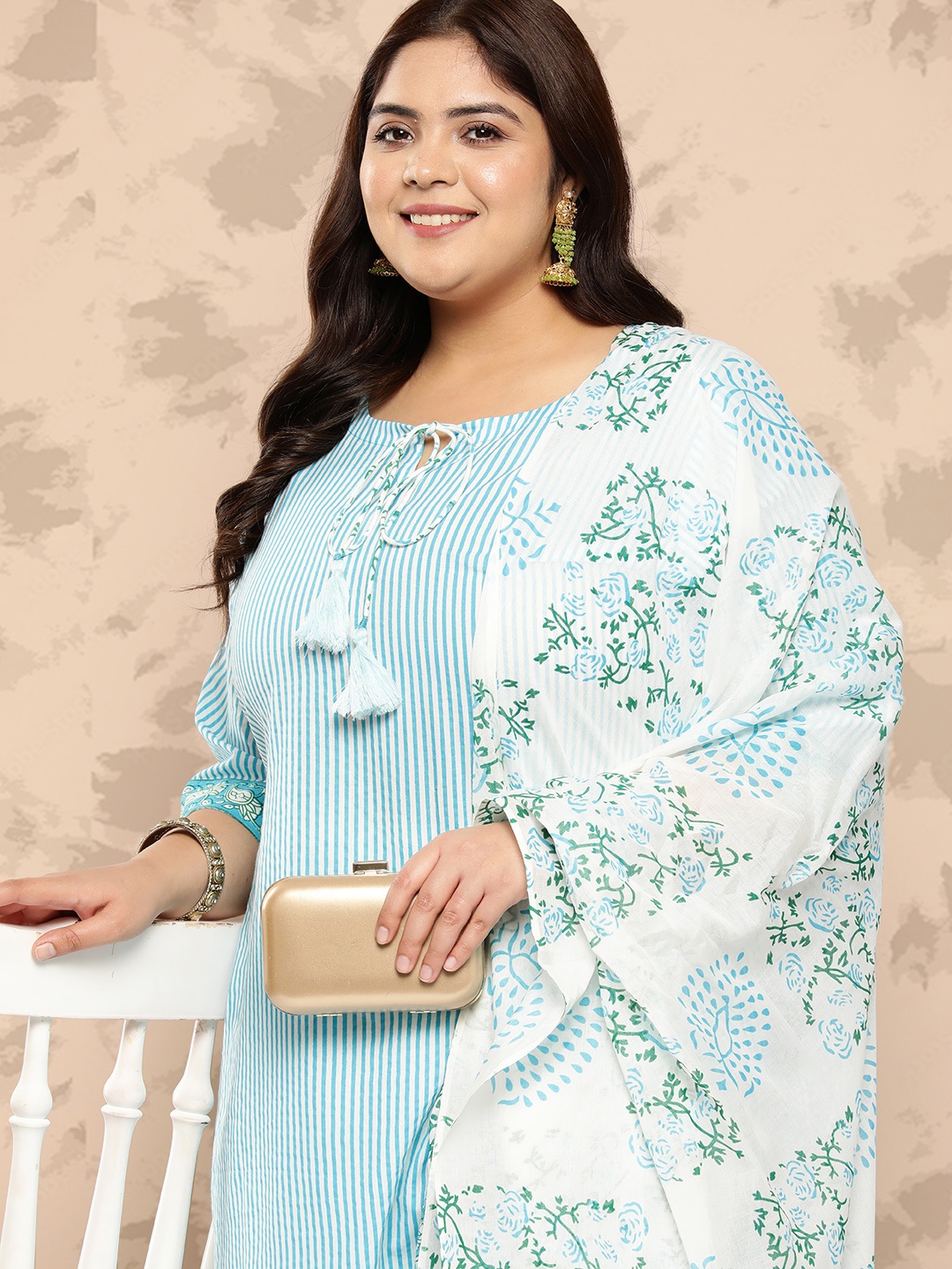 

EXTRA LOVE BY LIBAS Striped Regular Pure Cotton Kurta with Trousers & With Dupatta, Turquoise blue