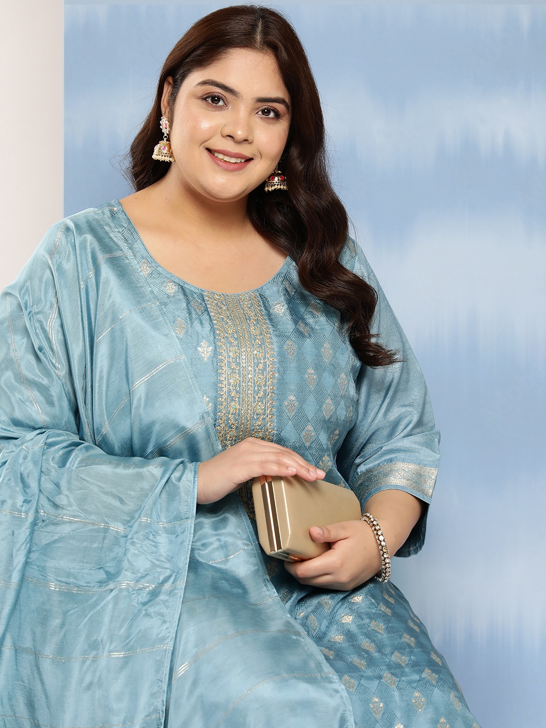 

EXTRA LOVE BY LIBAS Plus Size Floral Yoke Design Regular Kurta with Trousers & Dupatta, Blue