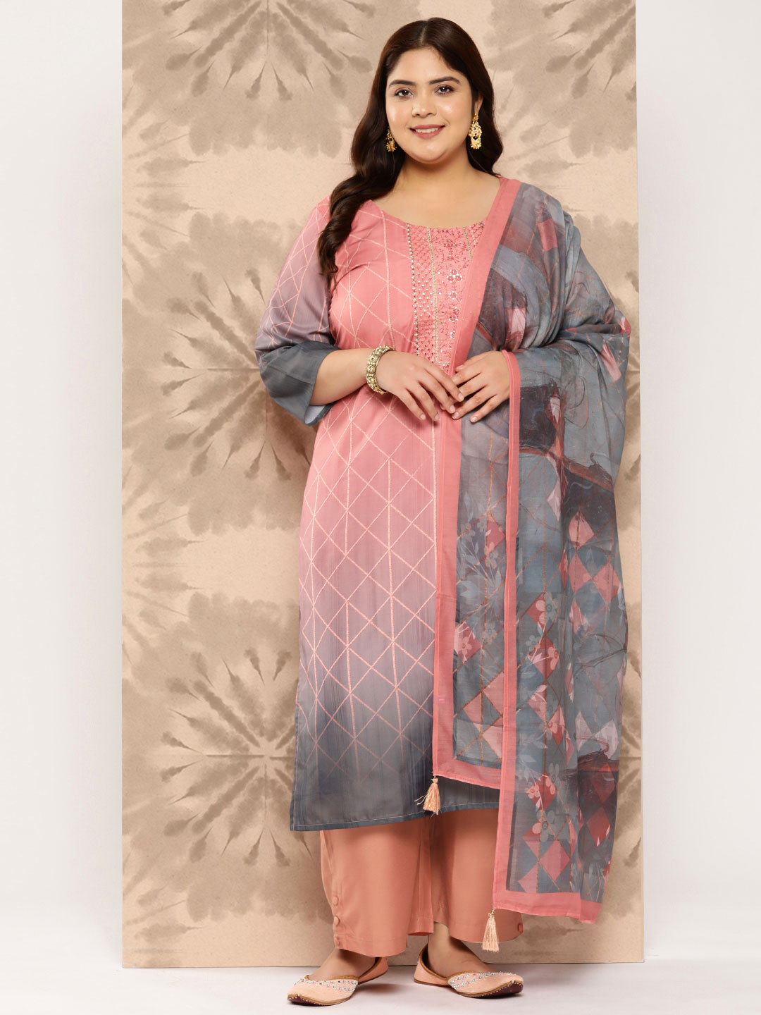

EXTRA LOVE BY LIBAS Plus Size Floral Yoke Design Thread Work Kurta with Trousers & Dupatta, Peach