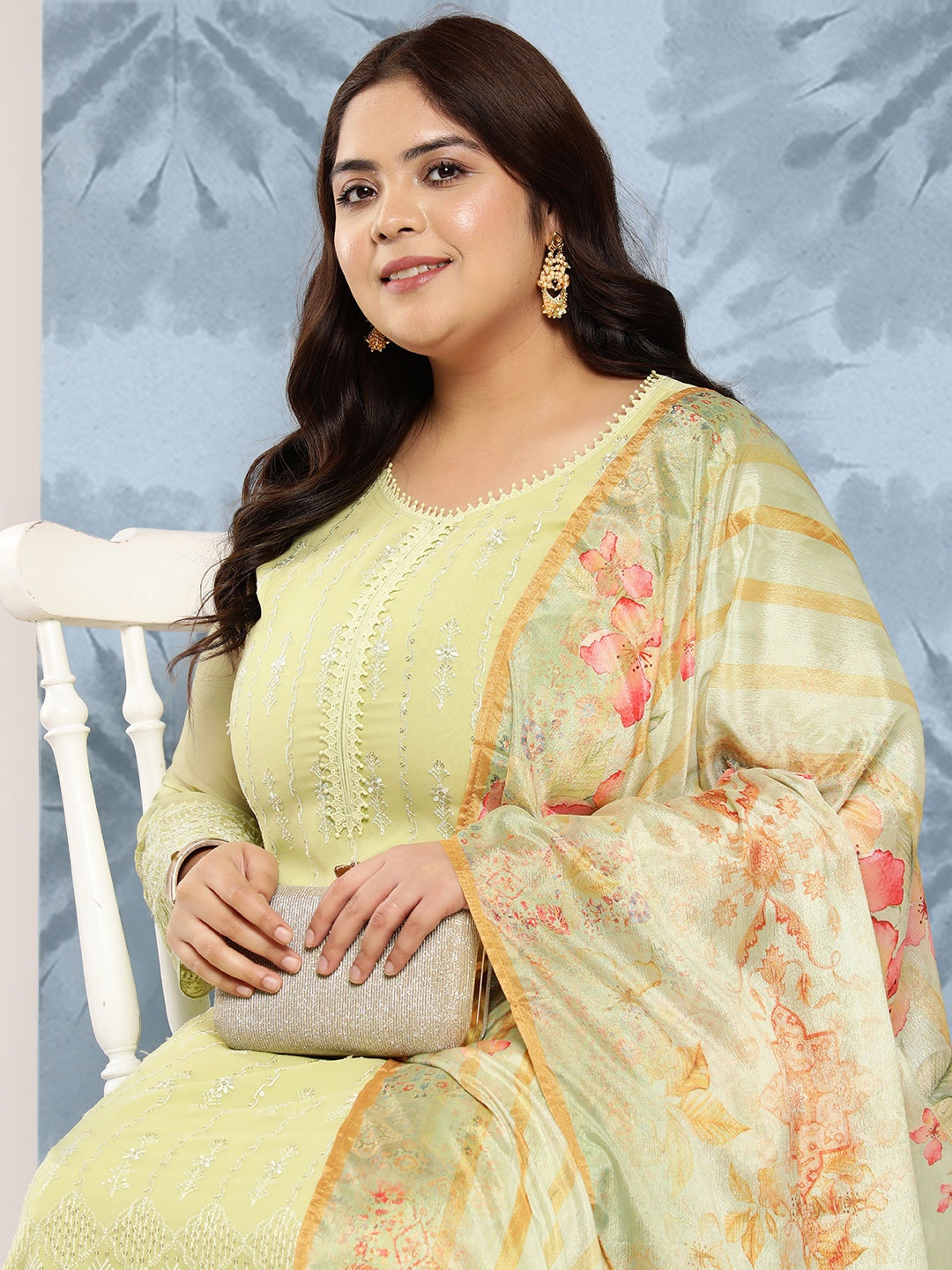 

EXTRA LOVE BY LIBAS Plus Size Floral Embroidered Thread Work Kurta with Trousers & Dupatta, Green