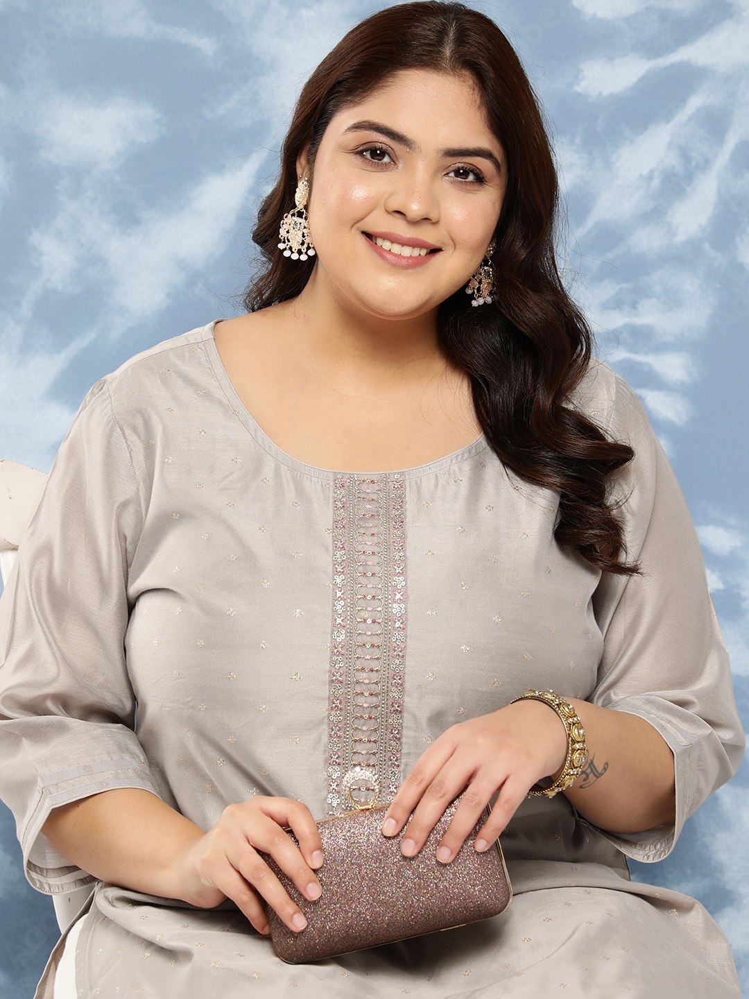

EXTRA LOVE BY LIBAS Plus Size Yoke Design Chanderi Silk Kurta, Grey
