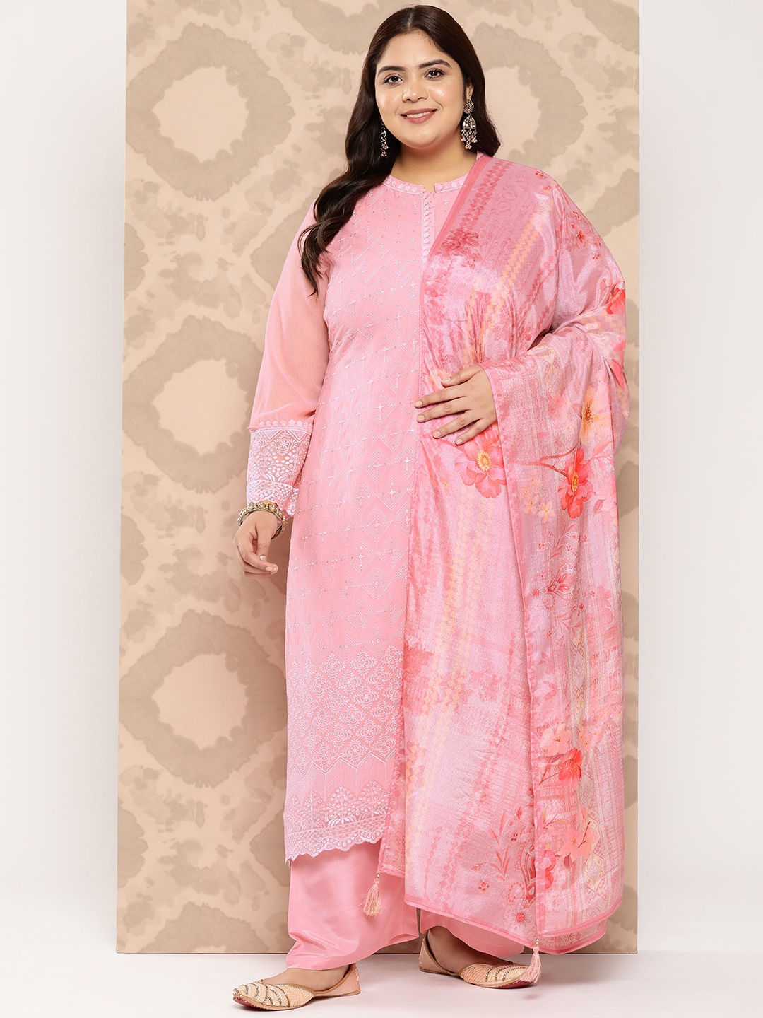 

EXTRA LOVE BY LIBAS Plus Size Floral Embroidered Thread Work Kurta With Trousers & Dupatta, Pink