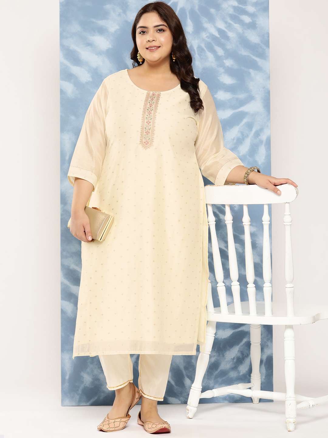 

EXTRA LOVE BY LIBAS Plus Size Floral Yoke Design Chanderi Silk Kurta, Off white