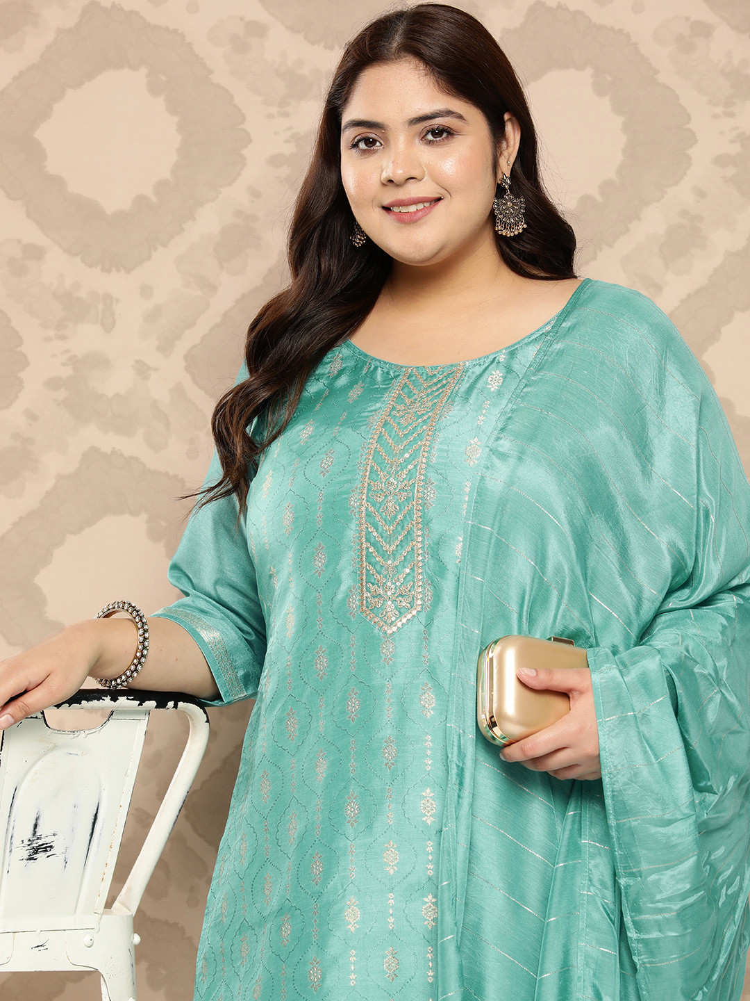 

EXTRA LOVE BY LIBAS Plus Size Floral Embroidered Zari Kurta With Trousers & Dupatta, Turquoise blue
