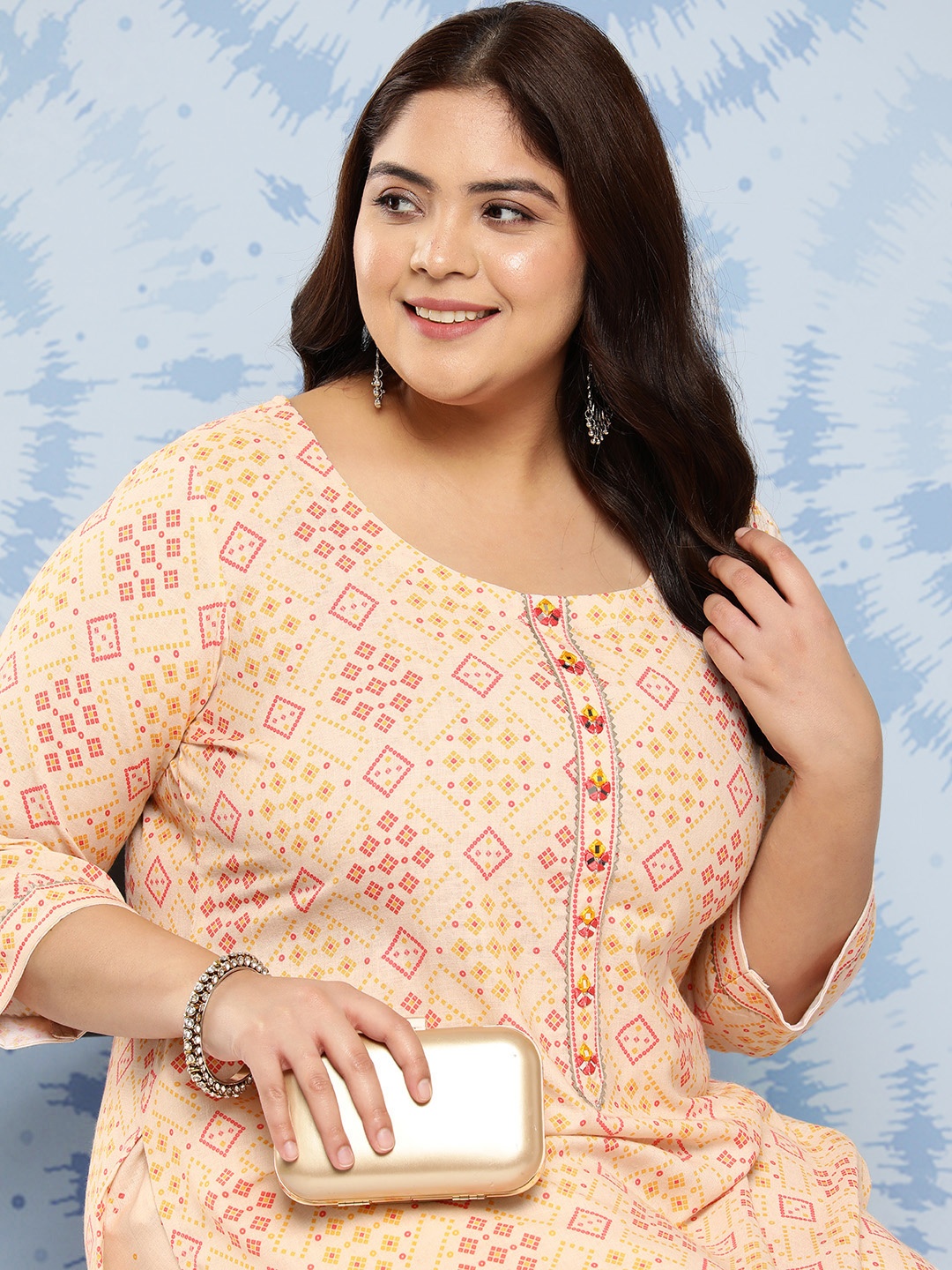 

EXTRA LOVE BY LIBAS Plus Size Printed Regular Kurta with Trousers, Beige