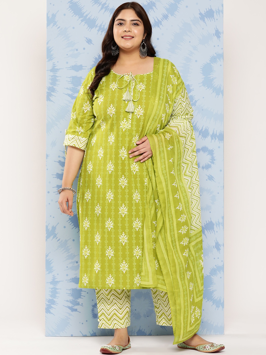 

EXTRA LOVE BY LIBAS Plus Size Ethnic Motifs Printed Cotton Kurta with Trousers & Dupatta, Lime green