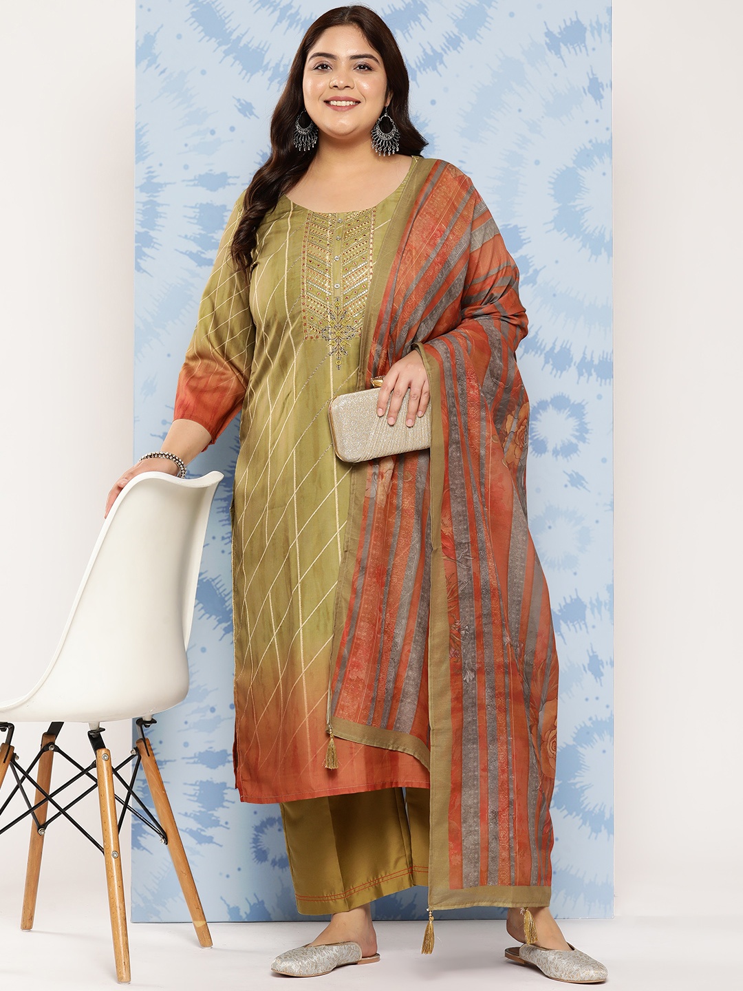 

EXTRA LOVE BY LIBAS Plus Size Yoke Design Thread Work Kurta with Trousers & Dupatta, Olive