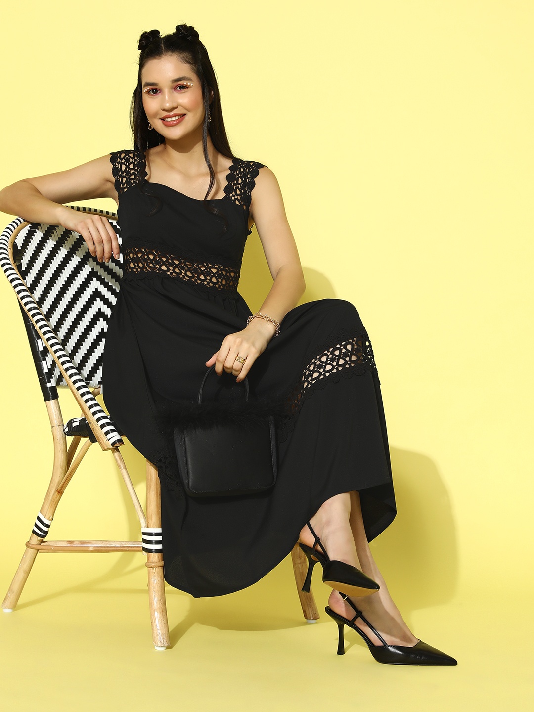 

Berrylush Crepe Schiffli Fit & Flare Midi Dress, Black