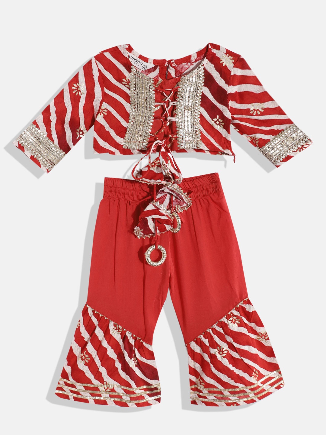 

Readiprint Girls Red Leheriya Striped Regular Gotta Patti Top with Palazzos