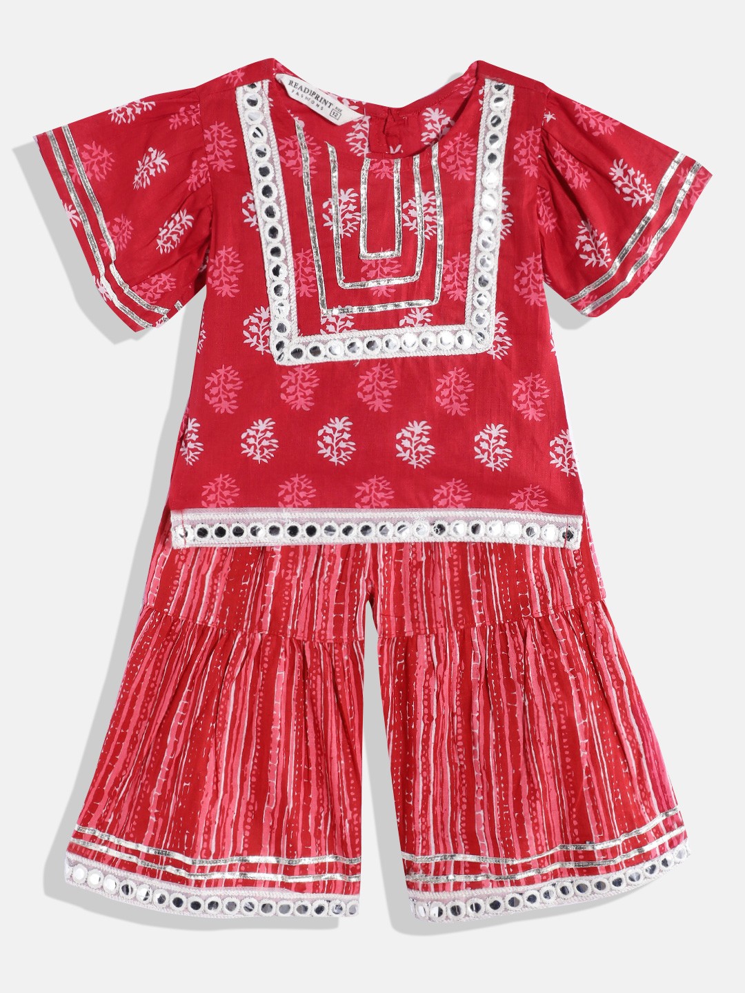 

Readiprint Fashions Floral Printed Regular Gotta Patti Cotton Kurta with Sharara, Red