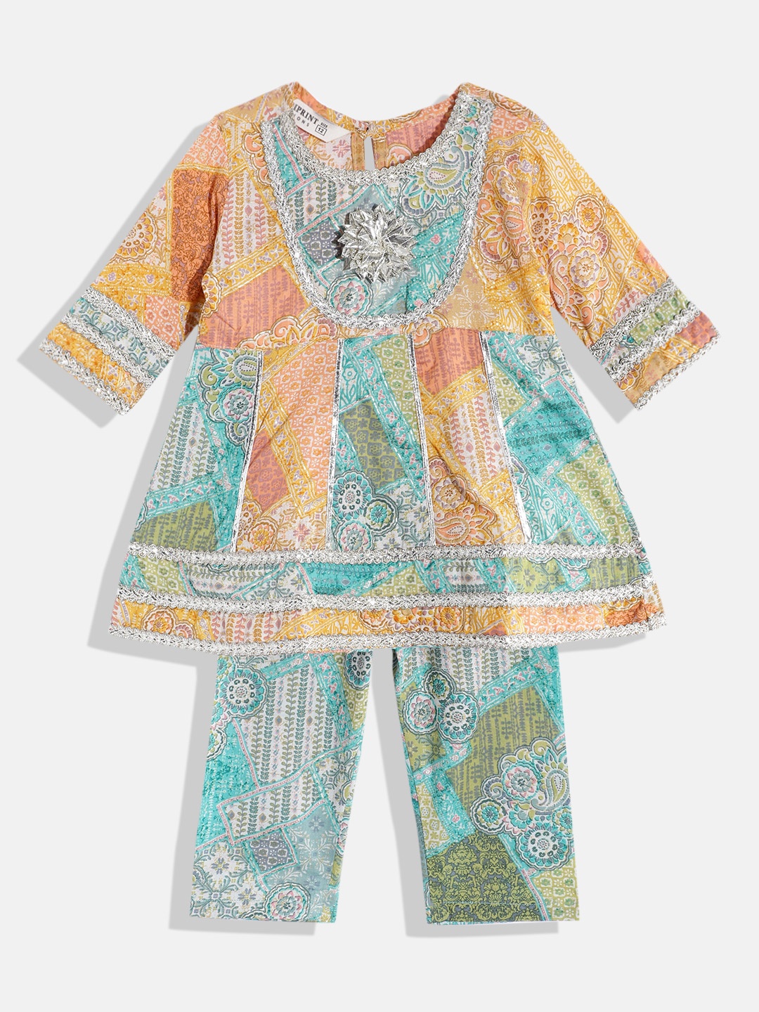 

Readiprint Fashions Girls Floral Printed Regular Gotta Patti Cotton Kurti with Pyjamas, Peach