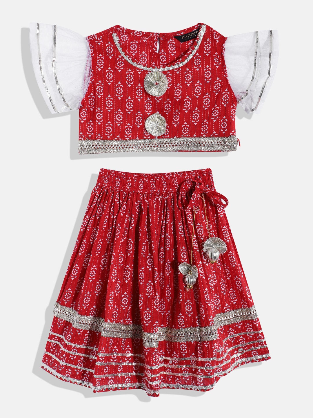 

Readiprint Girls Red & White Printed Ready to Wear Lehenga