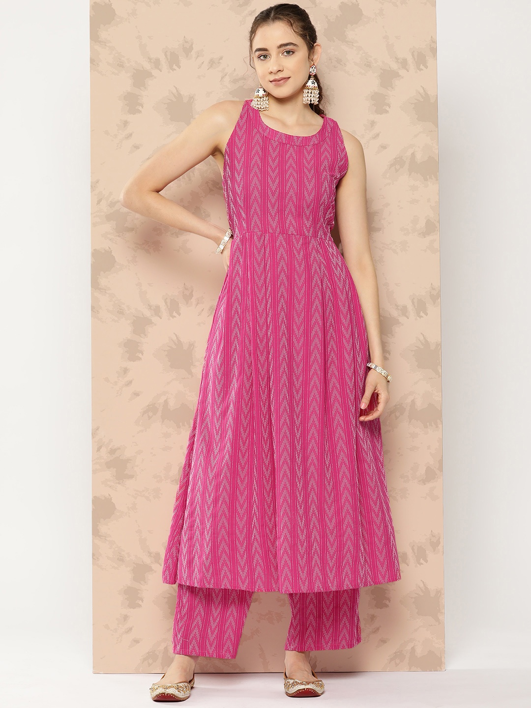 

InWeave Pure Cotton Ikat Kantha Work Kurta with Trousers, Pink
