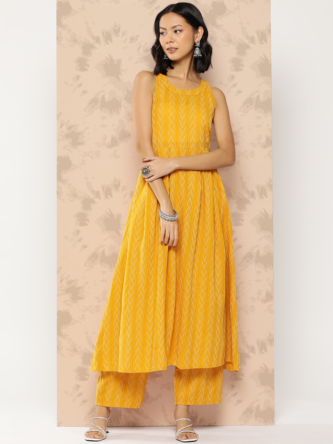 

InWeave Pure Cotton Ikat Kantha Work Kurta with Trousers, Mustard