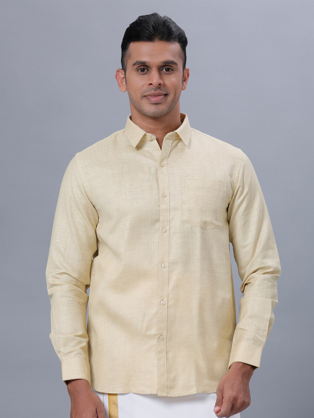 

Ramraj Orange Spread Collar Cotton Ethnic Were Shirt, Cream