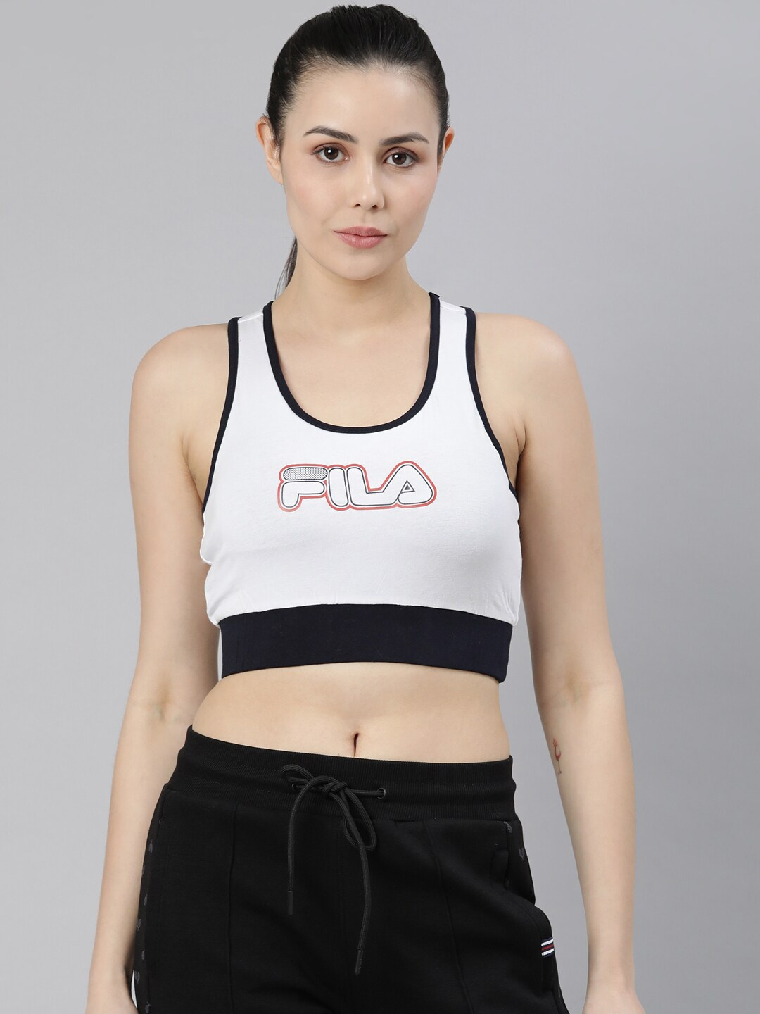 

FILA Printed Non Padded Medium Coverage All Day Comfort Cotton Sports Bra, White