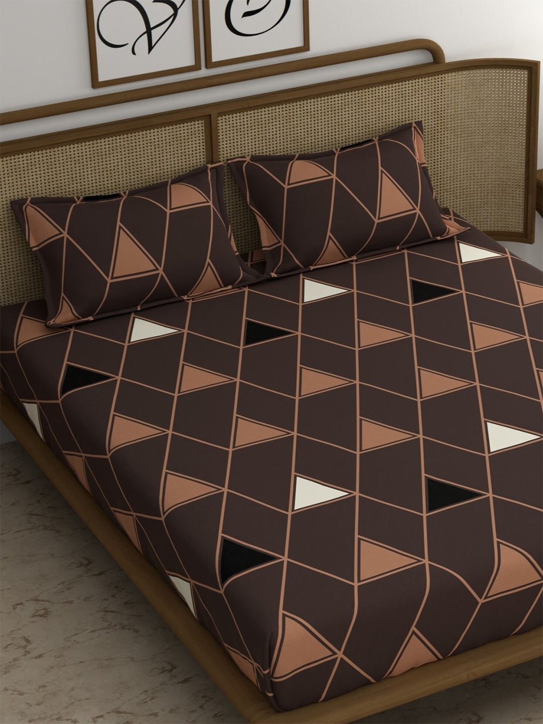 

CHHAVI INDIA Brown & Rust Geometric Printed 210 TC Queen Bedsheet & 2 Pillow Covers