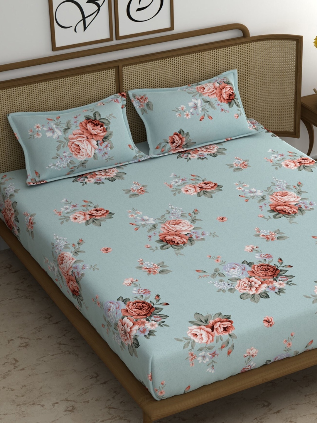 

CHHAVI INDIA Blue & Pink Floral Printed 210 TC Queen Bedsheet & 2 Pillow Covers