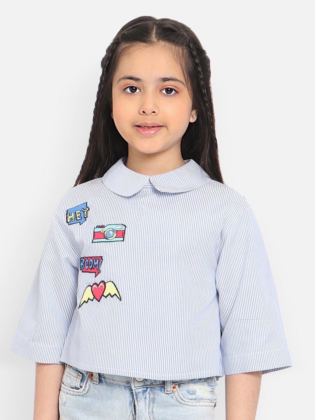 

Nauti Nati Girls Striped Peter Pan Collar Applique Crop Top, Blue
