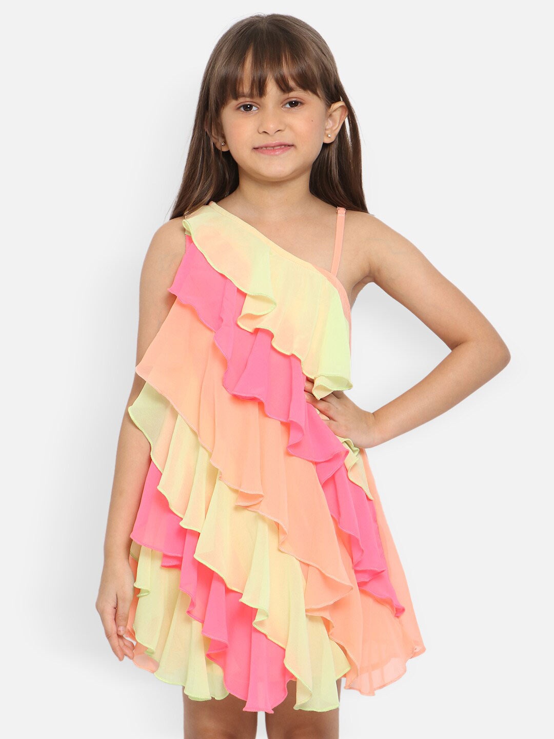 

Nauti Nati Girls Colourblocked Layered A-Line Dress, Pink